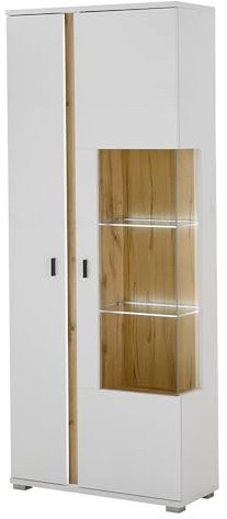 Lomadox Vitrinenschrank Vitrine Große Standvitrine Schrank mit Glastür Wohnzimmermöbel modern weiß mit Eiche inkl LED Beleuchtung