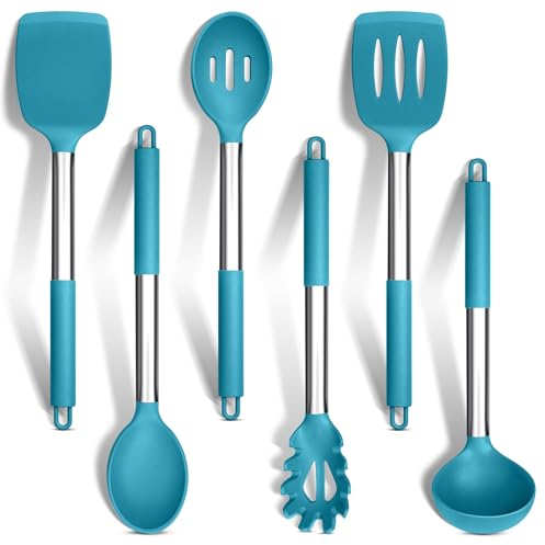 HaWare Juego de utensilios de cocina de silicona, 6 utensilios de cocina con mango de acero inoxidable, herramientas de cocina resistentes al calor para utensilios de cocina antiadherentes, cucharón,