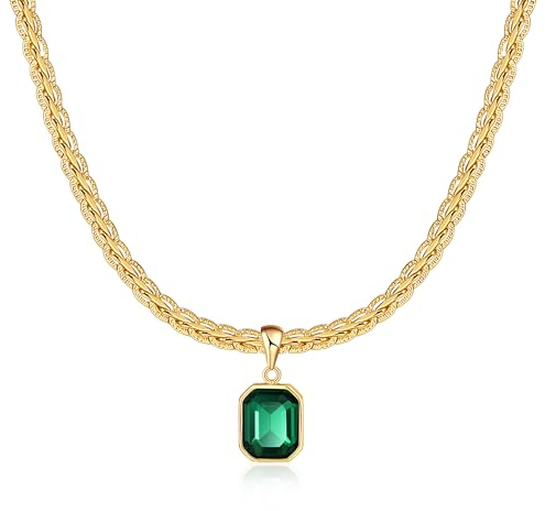 Mesovor Klobige Gold Kristall Kette für Damen Trendig, 18 Karat Vergoldete Statement-Kielkette | Geburtsstein-Halskette, Schmuck Geschenke (Quadrat-Grün)