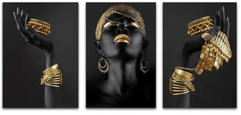 NXMYDBD Silber- und Goldfarbenes Porträt einer afrikanischen Frau, Kunstgemälde, Leinwanddruck, Poster, skandinavische Wandkunst, Bild, Wohnzimmerdekor, 70x90cm (28x35 Zoll) x3, ungerahmt