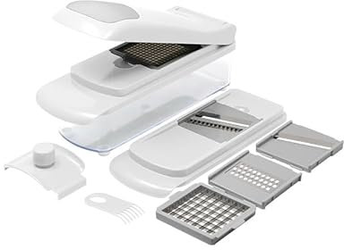 Gourmet Kitchen 10-Piece Vegetable Chopper, Spiralizer, Slicer – Multi-Functional Chopper & Slicer with 5 Blades, Food Storage Container and Hand Guard – Ideal for Vegetables, Fruits & More - Gray