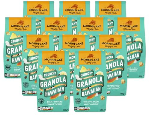 Mornflake - Crunchy Hawaiian Granola. 12x 500g Sachets Bags. High Fibre Granola Cereal Multipack, Breakfast Cereal with Raisins, Banana, Pineapple & Coconut, All Natural Ingredients (Pack of 12)