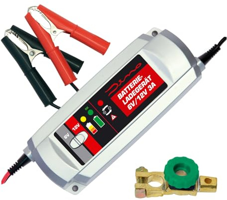 Bundle aus Dino KRAFTPAKET, 3A-6V/3A-12V Intelligentes Batterieladegerät KFZ Ladegerät, Erhaltungsladegerät und Batterie Trennschalter Poltrenner Batterietrenner für Oldtimer, Roller, Auto, Boot