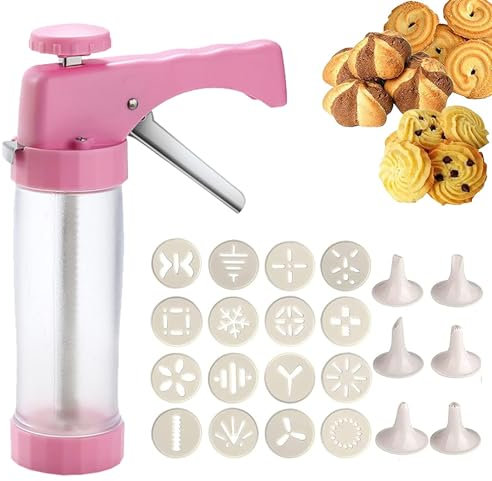 Cookie Press Gun Stainless Steel - Biscuit Maker Kit with 6 Piping Nozzles and 16 Biscuit Discs for Cake Decorating Tools - Ideal for Birthday Anniversary Party