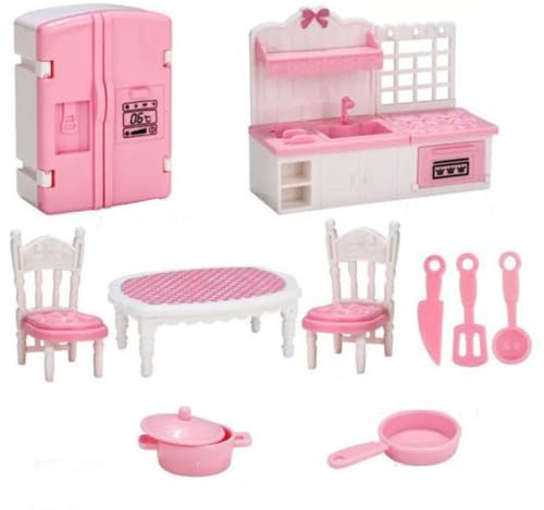 KARLOR Puppenhaus Möbel Set, 10 Stück Miniatur Möbel Set Ofen Kühlschrank Esstisch Stühle Pot Geschirr, Puppenhaus Zubehör Deko 1:12 Puppenhaus Esszimmer Küche Möbel Rosa Dollhouse Puppenmöbel （Küche）