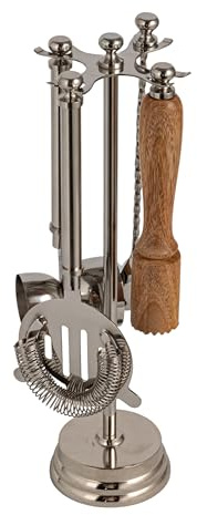 Creative Co-Op 5-Piece Stainless Steel and Mango Wood Bar Tools with Stand, Nickel Finish and Natural