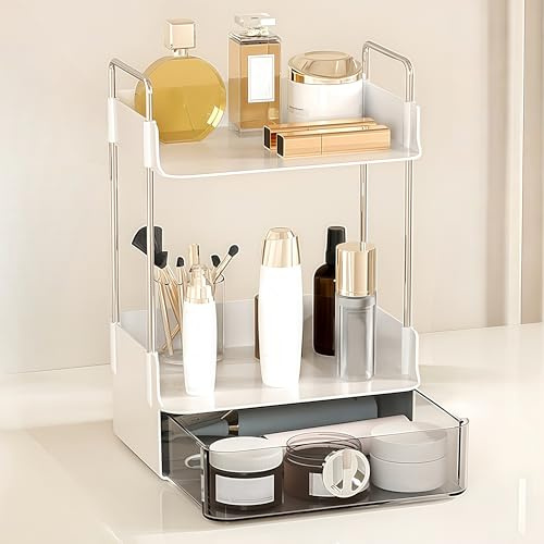 HARLIANGXY Organizer per Cosmetici con Cassetti, Organizzatore di Profumi Grande, Organizzatore per Trucchi 2 ripiani, Organizzatore di Trucco, Make up Organizer per Camera da Letto, Bagno, Ufficio