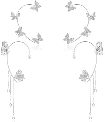 2 Pair Silver Butterfly Ear Cuffs and Wraps for Women, Butterfly Earrings for women, Non-Piercing Zircon Earrings, Stylish Ear Clips for Weddings, Parties, Special Occasions