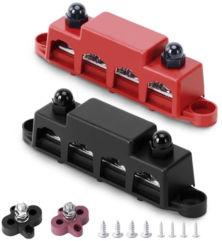 BOSYTRO 2 Pezzi Blocco di Distribuzione Alimentazione 12V-48V DC Busbar 250A Con Terminali a 4 poli da 3/8 (M10) e Coperchio, Kit Distribuzione Con 2xM8 Morsettiera per Camion Barca (Rosso, Nero)