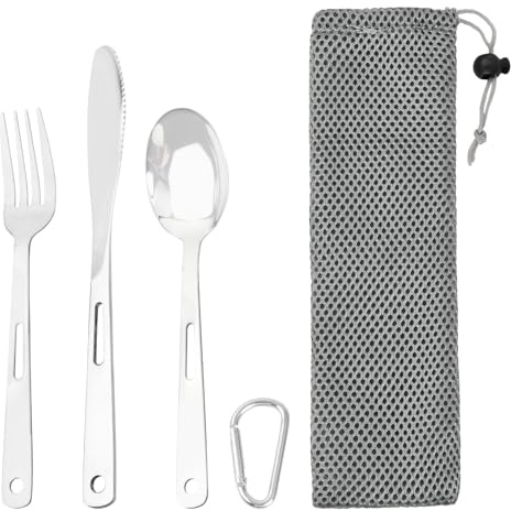 Cutlery Set 3Pcs, Stainless Steel Flatware Set 3 in 1 Portable Travel Cutlery Set Utility Camping Tableware with Spoon, Fork, Knife, Drawstring Bag & Carabiner for Outdoor Picnic School Lunch Box