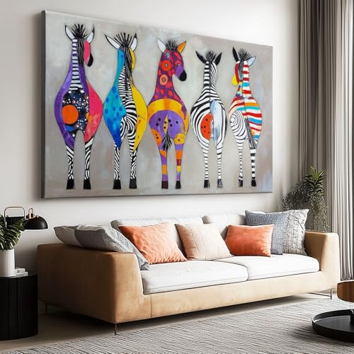 Panorama XXL Leinwandbild Ungerahmt 140x70 cm - Bunte Zebras Pop Art Abstrakt - Großes Tier Wandbild für Wohnzimmer & Hotel - Canvas Deko
