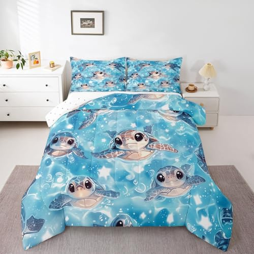 Erosebridal Tortoise Toddler Comforter Set, Sea Turtle Bedding Set for Kids Boys Girls Teens Bedroom, Underwater World Ocean Animal Duvet Insert Maeine Life Starfish Quilt with 1 Pillow Case, Blue