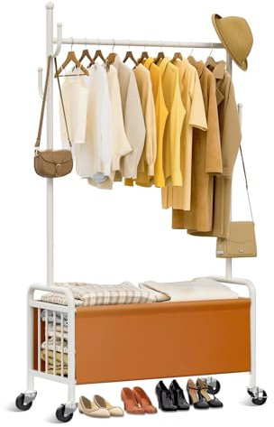 FLOUREE Kleiderständer auf Rollen, Schwerlast-Garderobenständer mit Aufbewahrungskorb, Stilvoll Kleiderstange zum Aufhängen von Kleidungsstücken Transportabel für den Innenbereich,100cm Breit