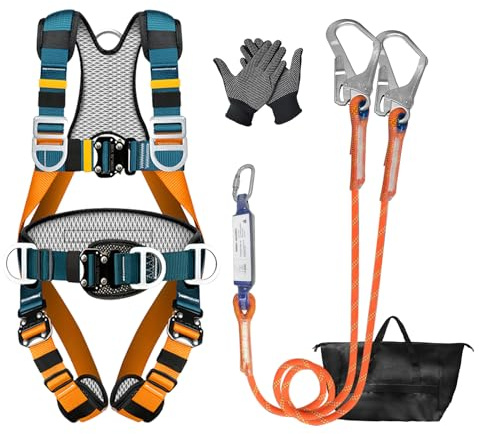 Full Body Safety Harness Kit with Dual Energy Absorbing Lanyards, 140kg Load, Breathable Padding, Quick-Release Buckles, Fall Arrest Harness for Roofing, Climbing, Construction, Working at Height, Men