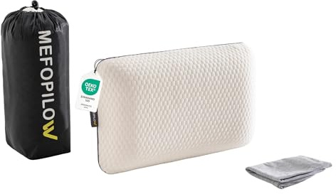 MEFOPILO Memory Schaumstoff Reisekissen zum Schlafen, Campingkissen, Nacken-Stützkissen für Flugzeug, Auto-Reisen, tragbare Tasche (Weiß – mit extra grauem Baumwollbezug, 40x25x10 cm)
