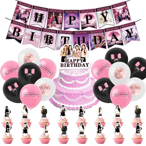 Ainvliya 44 Stück Blackpin Geburtstagsdeko Set, Kindergeburtstag Deko mit Luftballons Geburtstag Dekoration Set für Kinder Jungen Mädchen Kpop Themenpartys Dekorationen