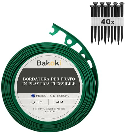 BAKOKI Bordure de pelouse Flexible (10 m | 40 piquets d'ancrage | 4 cm de Hauteur) - en Plastique Vert - Bordure de pelouse Ronde - Bordure de Parterre de Fleurs - Bordure de Tonte