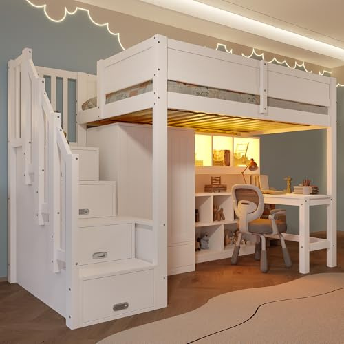 Lcoho 90x200 Hochbett mit Schreibtisch und Regal, Kleiderschrank, Stauraumtreppe, weiß