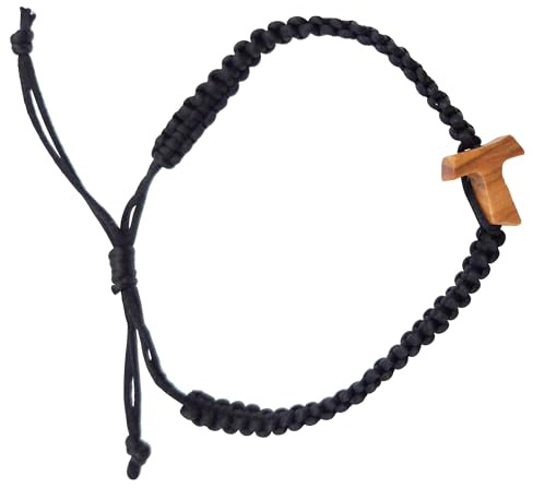 Lunexus Tau-Kreuz Armband aus Olivenholz – handgefertigt in Bethlehem – verstellbares Kordelarmband 16–24 cm mit Zertifikat und Segnung – religiöses Geschenk für Taufe, Kommunion, Firmung
