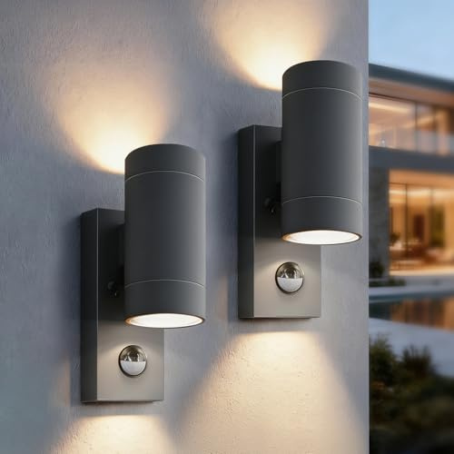 EBION Outdoor Wall Lights with Motion Sensor,Mains Powered,Up&Down,2 Pack | IP65 Waterproof Outside Wall Lights,GU10 Exterior Wall Lamp for Front Door,Porch,Patio,Anthracite,(Bulb Not Included)