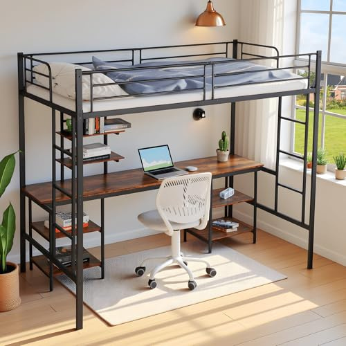 DazzlerE High Sleeper Bed with Desk, Metal Single Bed Frame, Shelves and Safety Guardrail, 2 Ladders Bunk Bed with Desk Underneath for Kids, Teens and Adults (Black)