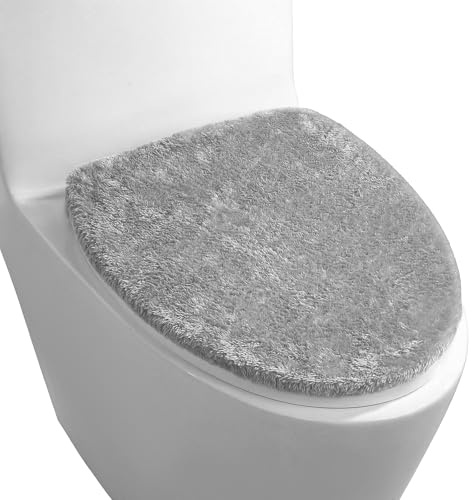 Qulkws Gray Microfiber Toilet Lid Cover Toilet Seat Lid Cover Non-Slip Soft Toilets Covers Durable Adjustable Stretch Fuzzy Seat Covers Absorbent Machine Washable Fits Most Toilets Lids