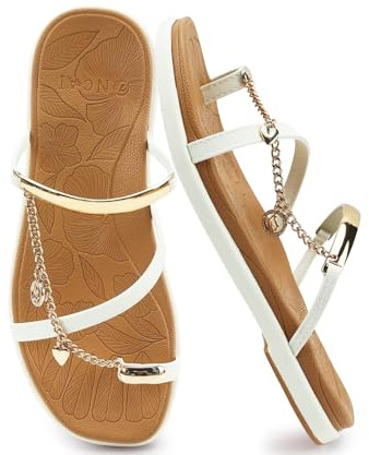 ONCAI Flat Sandals for Women with Toe-loop Square Open Toe Strappy Slide Sandal 2026 Summer Fashion Dressy Slip on White/Khaki Size 5 Casual Beach Lightweight Outdoor Ladies Slides Shoes