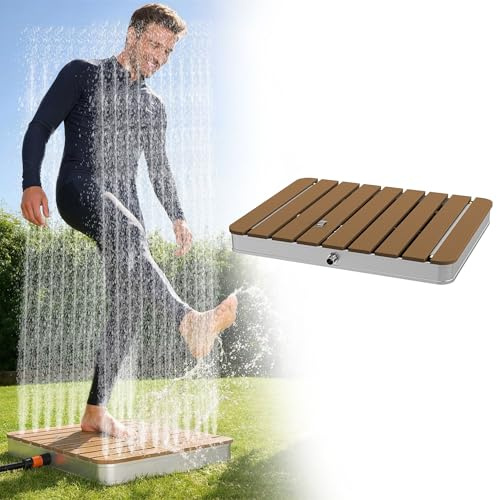 UISEBRT WPC Gartendusche Bodendusche mit Fußrad bis 4 m Fontänenhöhe,rutschfest wetterfest Frost- & UV-Beständig Außendusche für Pool, Camping, Sauna, Hundewäsche,Braun Eckig (70cm×55cm)