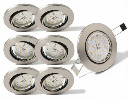 Trango 6729-062GUSDAK 6er Set LED Deckenstrahler in Edelstahl-Optik Rund inkl. 6x 5 Watt 3-Stufen dimmbar GU10 LED Leuchtmittel 3000K warmweiß Einbaustrahler, Einbauspot, Deckenleuchte, Deckenspots