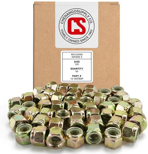 Chenango Supply 3/8-16 Grade 8 Nylon Insert Lock Nuts (Nylock) – Alloy Steel, Yellow Chromate Zinc, High-Strength Vibration-Resistant Hex Nuts, 50 Pieces (3/8-16 Nylock)