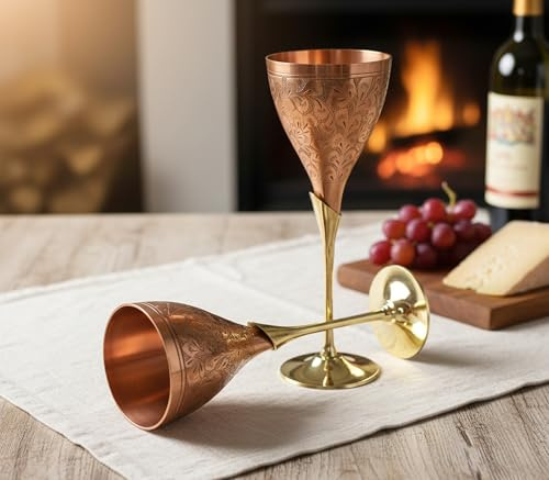 StonKraft Gravierter Messingkelch, Champagnergläser, Flöten, Coupes, Weinglas-Set (Kupfer-Finish)
