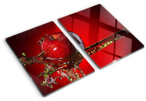Küchenbrett Glas 2x40x52 cm Plastikfrei Lebensmittelecht Dekorativ 2 Stück Glasplatte Antibakteriell Gehärtetes Glas Hitzebeständig für die Küche Rutschfest Silikonfüße - Apfel und Wasser