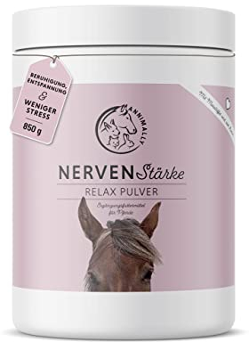 Annimally Nervenstärke - Pferde Relax Nerven Pulver 850g zur Beruhigung beim Pferd - Nervenkräuter mit Magnesium, Tryptophan, Baldrian, Passionsblume & Hanföl gegen Angst, Stress & für Transport