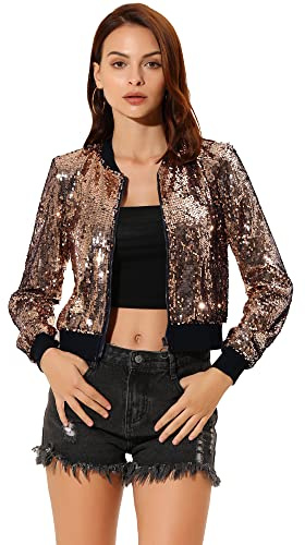 Allegra K Damen Pailletten Bomberjacke | Langarm Glitzer Party Jacke