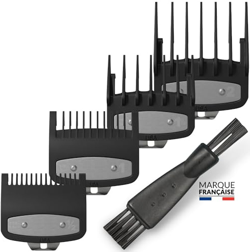 Sabots tondeuse pour Dégradé Pack x4 (1.5+3+4.5+6mm +1x Brosse) Lot de 4 Sabots compatible avec les tondeuses Wahl ✯GARANTIE A VIE✯ Accessoire Coiffeur/Salon/Barbier/Barber/Coiffeur Kits 4 Peignes