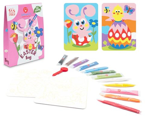 Sabbiarelli – Bag Easter | Mini-Sand-Art-Set: Ostern | Enthält Klebemotive, Farbsand und Abziehwerkzeug | 100% Made in Italy | Kreativer Bastelspaß | Kinder 5-12 Jahre