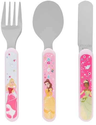 Disney Princess 3 Piece Cutlery Set - Metal, Reusable Children's Knife, Fork & Spoon, Kids-Size, Made from Food-Safe Stainless Steel & ABS Plastic - with Belle, Tiana & Aurora - for 36 Months & Up
