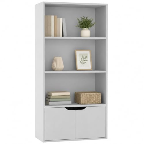 URBNLIVING Bücherregal mit 4 Etagen, breit, aus Holz, mit 2 Türen, Aufbewahrungsregal, Vitrine, Schrank, Einheit (weiß mit weißen Türen)