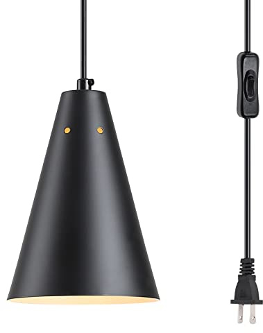 Black Plug In Pendant Light,Hanging Lights With Plug In Cord On/Off Switch, Mini Pendant Lights for Kitchen Island,Modern Farmhouse Pendant Light Fixture with Metal Shade,Hanging Lamps for Bedroom