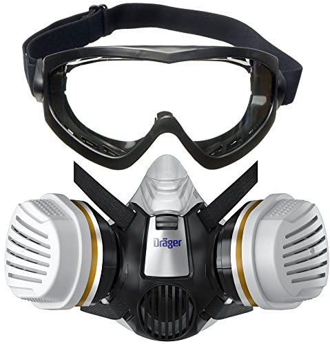 Set da pittore Dräger X-plore 3300 con filtro combinato A2P3 e occhiali di sicurezza X-pect 4200 a visione totale, per pittori e verniciatori, protezione contro vapori, gas e polveri sottili, taglia M