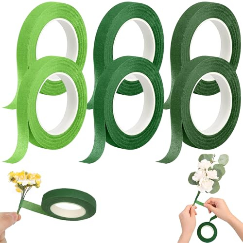 luckaide Blomsterband 6 stycken, 162 m kräppband grön, 12 mm kräppband för blommor, blomsterkräppa, blomband, grönt för blomsterarrangemang och buketter – pysseltillbehör (27 m/band)