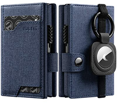 VULKIT Airtag Geldbörse Herren mit Ausweisfenster Kartenetui Herren mit Geldscheinfach Kreditkartenetui RFID Schutz mit Airtag Schlüsselanhänger, Navy Blau