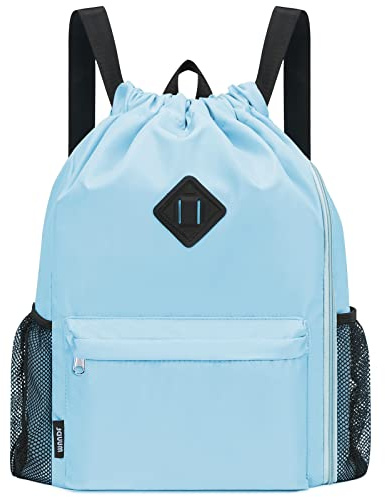 WANDF Turnbeutel mit Kordelzug, Sporttasche mit Schuhfach, wasserabweisender Schnürrucksack Cinch für Damen Herren (Groß,Hellblau)
