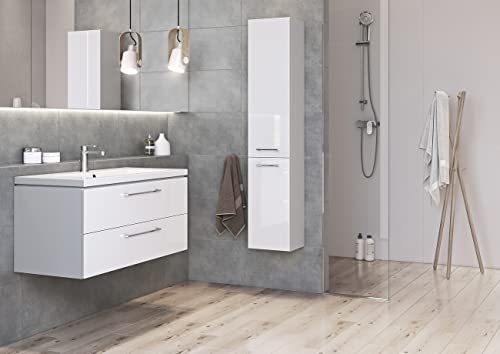 BAD LAND Badmöbel Komplett-Set Lara Como 100 Weiß Waschbecken-Unterschrank 100cm mit Hochschrank 150cm, Keramikwaschbecken, Badezimmermöbel 2-Schubladen, Hochhängeschrank mit 2-Türen