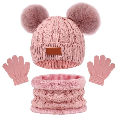 HIULLEN Bonnet Enfant Hiver Echarpe Gants Ensemble, 3 en 1 Tricoté Tour de Cou Chaud Adorable Bonnet Pompon, Polaire Snood Chapeau, Hiver Accessoires Set Pour Garcon Enfants 2 à 6,rose