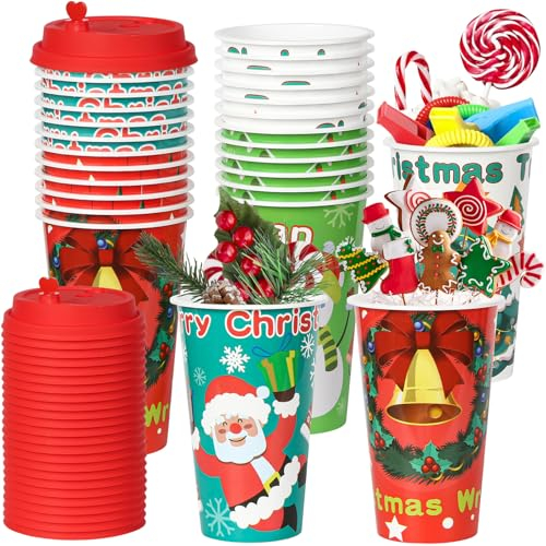 FZR Legend Christmas Party Favors Goodie Cups, 24 Pack 16OZ Reusable Xmas Plastic Party Supplies Hot Decorations Cups with Lids Plugs for Kids for New Year,Holiday,Christmas Party Tableware