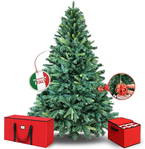 Albero di Natale Artificiale Premium Folto Realistico - Abete Natalizio con Base Robusta in Metallo, PVC Ignifugo Alta Qualità, Montaggio Facile, inclusi Sacche e Set 12 Palline (Con Sacca, 240 cm)