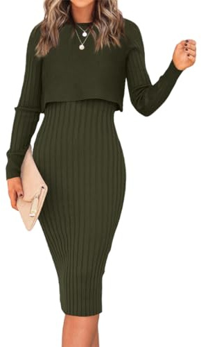 Ezbelle Womens 2026 Fall Two Piece Outfits Ribbed Knit Long Sleeve Cropped Pullover Sweater and Bodycon Midi Dress Sets Army Green Medium