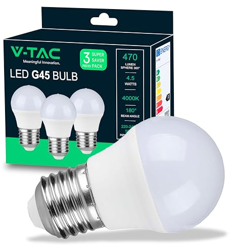 V-TAC Ampoules LED E27 4,5W (équivalent 40W) - G45-470 Lumen - Lot de 3 - Ouverture du Faisceau Lumineux 180° - Ampoule Efficacité Maximale et Économie d'Énergie - 4000K Blanc Neutre