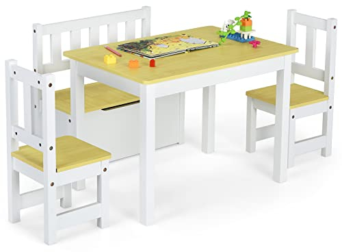 LIFEZEAL Kindertisch mit Stühlen, Holz Kindersitzgruppe inkl. Spielzeugkiste, Kindermöbel Sitzgarnitur für Jungen & Mädchen, 4-Teilige Sitzgruppe Kindertischgruppe mit Kindertruhe